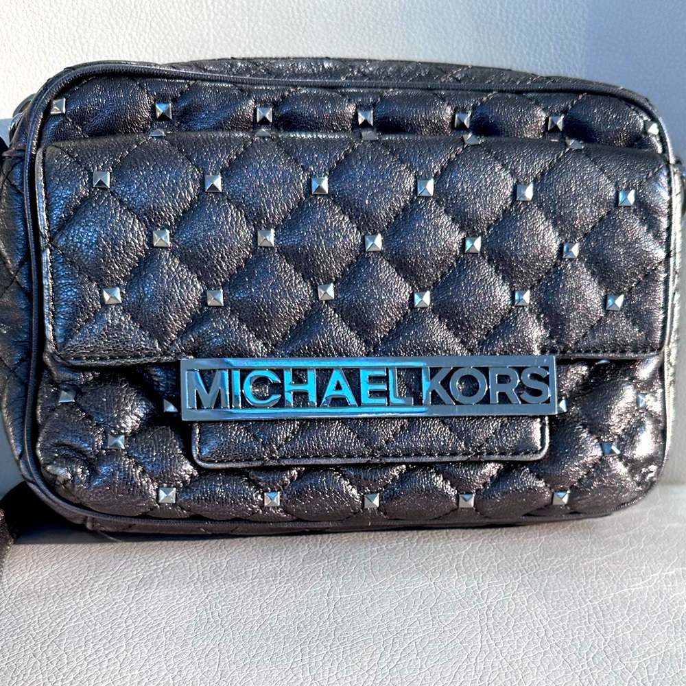 Special Collection Michael Kors Kim Studded Quilted Nickel Leather Messenger Bag